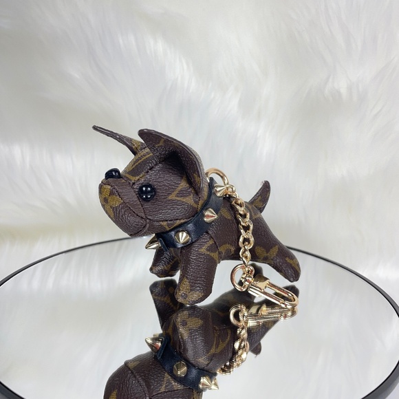 Upcycled Bulldog Purse Charm or Key Chain – Brown and Gold Coated Canvas - Picture 1 of 9
